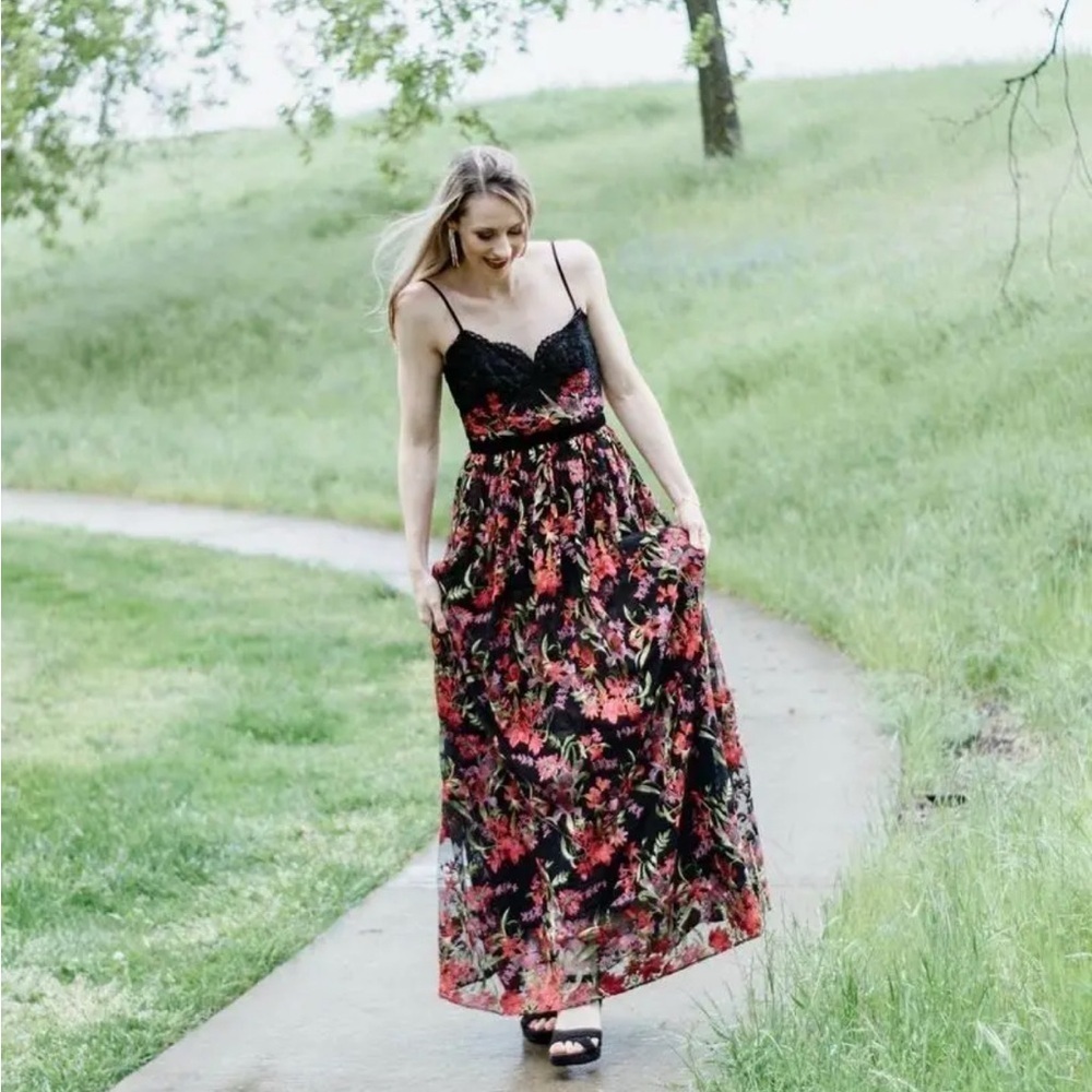 Marchesa Black and Red Floral Maxi Dress